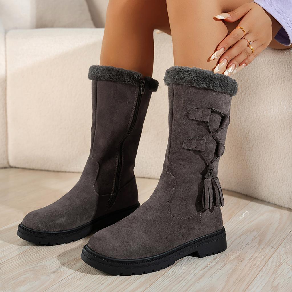 Women's Fashionable Casual Fleece Lined Thick Warm Versatile Everyday Mid Calf Boots Leather Boots for Women Mid Calf