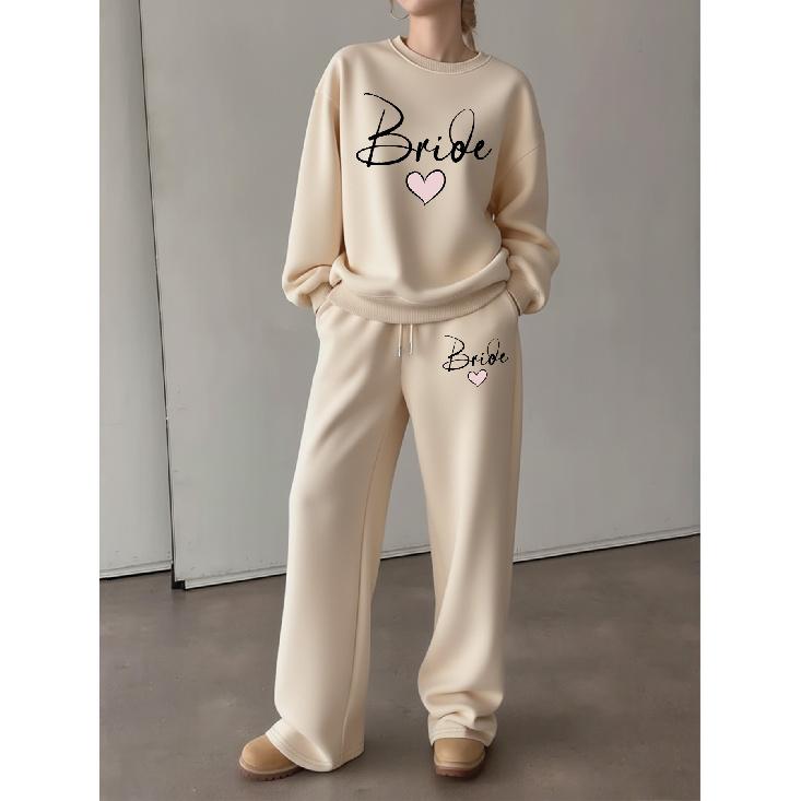 Women's Fall/Winter Crewneck Sweatshirt & Wide-Leg Pants 2-Piece Set - Soft Printed Long Sleeve Loungewear & Autumn Outfit