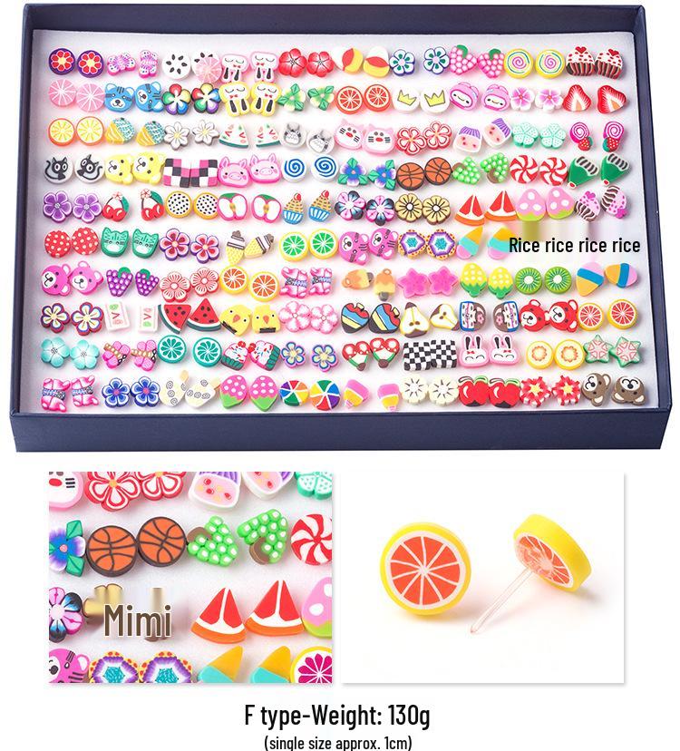 Korean 100-Pair Plastic Boxed Earrings Set - Soft Clay Drip Design, Diamond Glue Needle, Anti-Allergic.