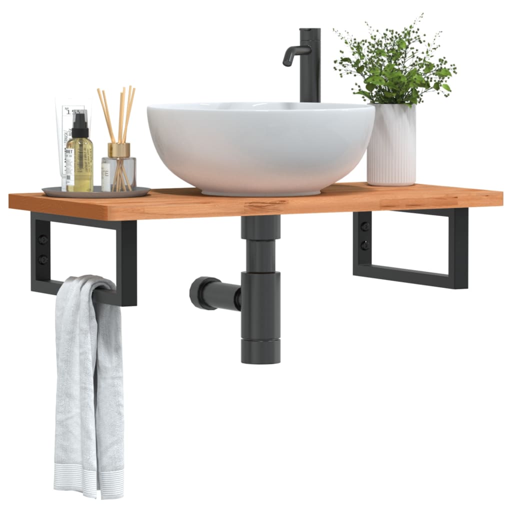 Wall Mounted Washbasin Shelf Steel Frame and Solid Beech Wood Top