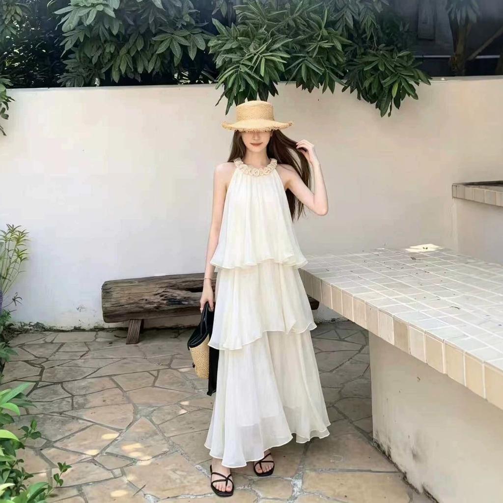 Summer temperament super fairy vacation style sleeveless cake long dress French beautiful three-dimensional flower neck women's dress