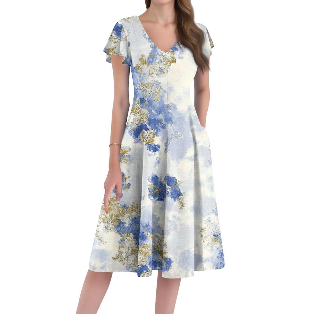 A Casual And Fashionable V-Neck Short-Sleeved Medium-Length Dress With Floral Prints For Women
