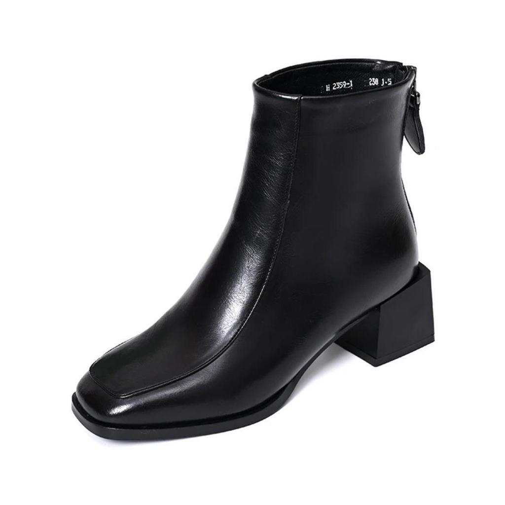 Damen Stiefeletten mit Blockabsatz - Herbst/Winter 2025, Leder, Plus Samt, Nude, Eckige Zehenpartie, Mittelhoher Absatz, Bequeme Passform.