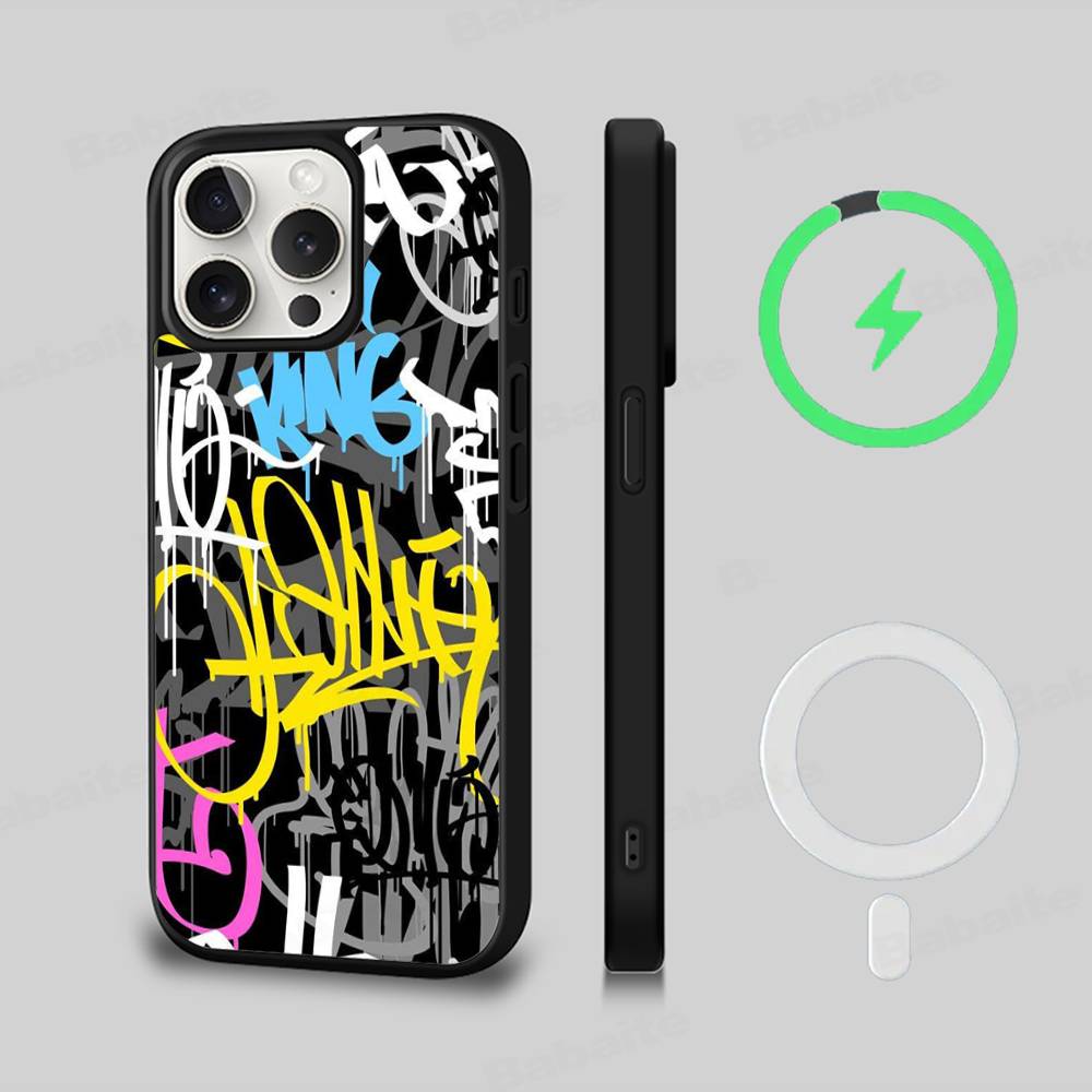 Cool Black Graffiti Phone Case For iPhone 13 14 15 11 12 16 17 Pro Max Plus For Magsafe Magnetic Shell