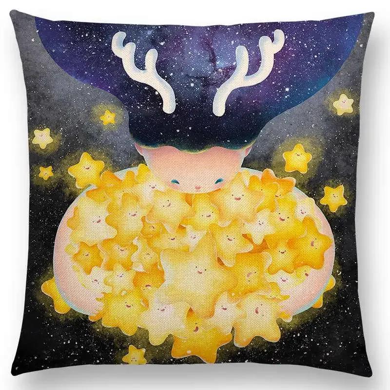 Neuankömmling Niedliche Cartoon-Tiere Kleine Katze Traum Elch Hübsches Mädchen Wald Leuchtender Stern Kissenbezug Sofa Wurfkissenbezug