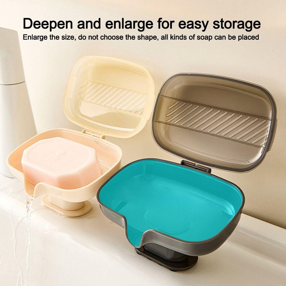 Durable Sloped Drainage Draining Soap Box Suction Cup Base Dustproof Lid Soap Dish Soap Holder for Bathroom Sink Countertop