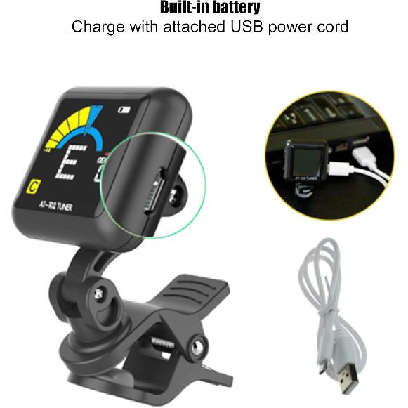 Clip on Tuner, High Definition Color Screen USB Rechargeable Ukulele Tuner Suitable for Guitar Bass Ukulele Violin (AT-102 black)