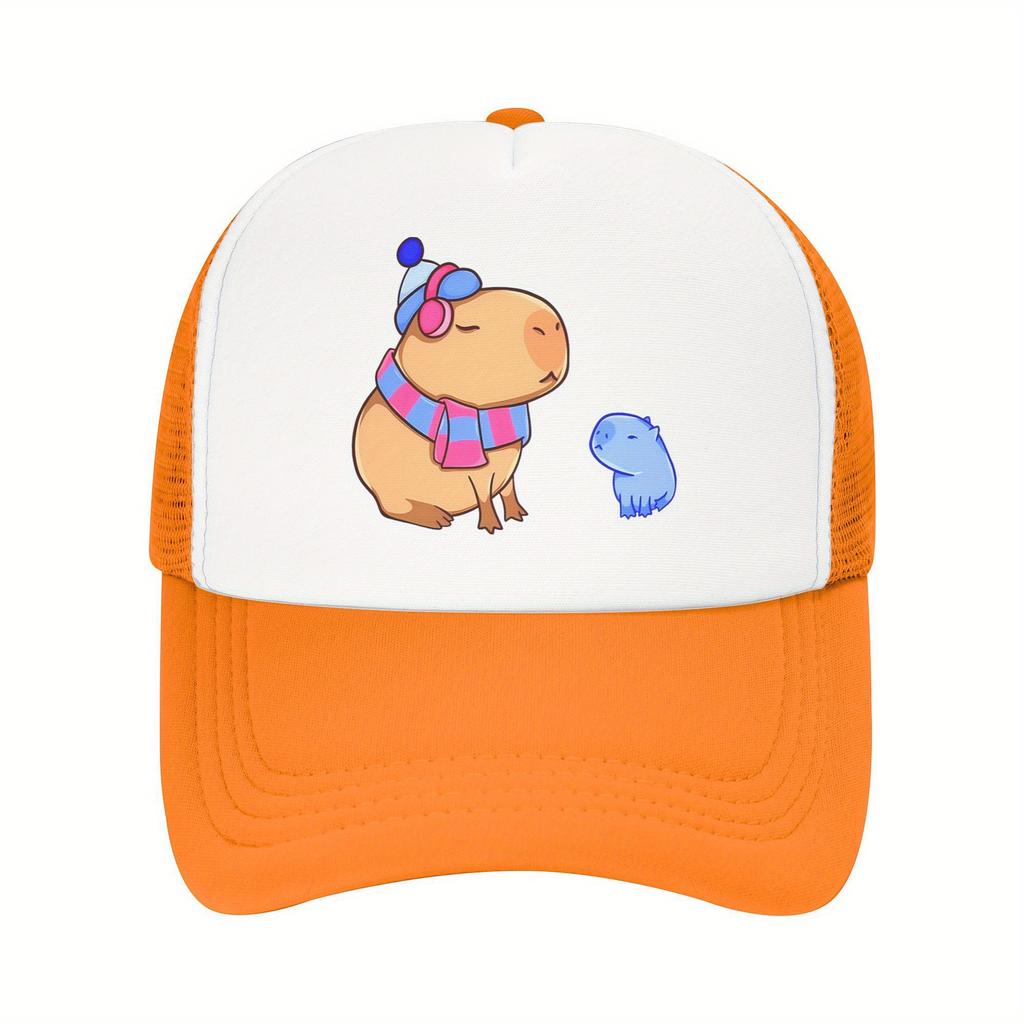 Capybara Family Print Trucker Hat Pink Mesh Breathable Adjustable Baseball Cap for Women Men