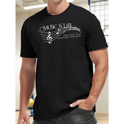 European Sizes Men'S Music Is Life Graphic Tee, Casual Crew Neck Polyester T-Shirt, Knit Fabric, Slight Stretch