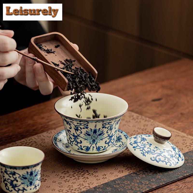 Chiński Piec Ru Niebiesko-Biały Ceramiczny Zestaw do Herbaty Wykwintne Zaparzacze do Herbaty Klit Kung Fu Filiżanka do Herbaty Przenośny Czajniczek Gaiwan Filiżanki do Herbaty Prezenty