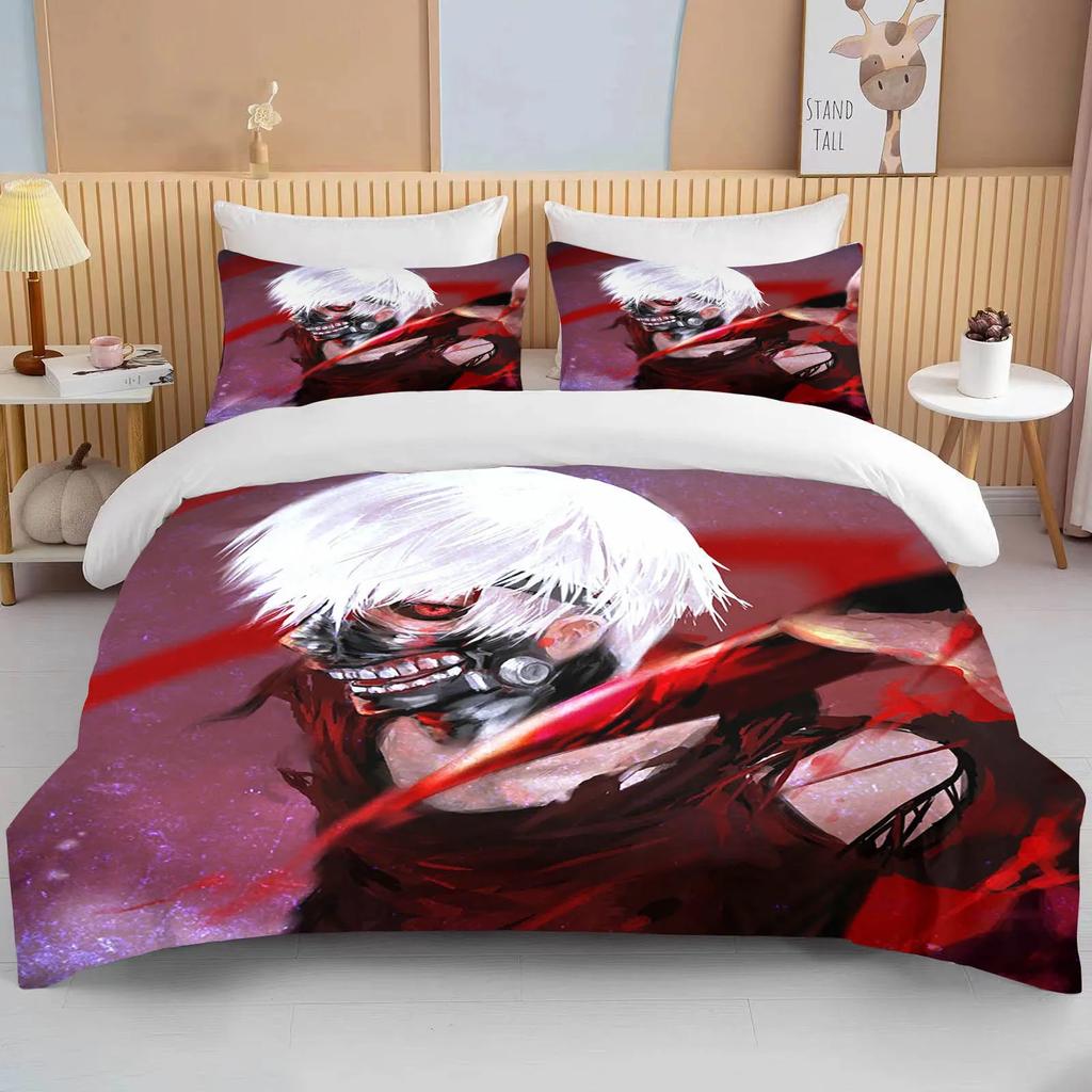 Neues Japan Tokyo Ghoul Bettwäscheset Kaneki Ken Anime Bettwäscheset Schwarz Weiß Bettbezugset Junge Heimtextil 3D Steppdecke Bettwäsche