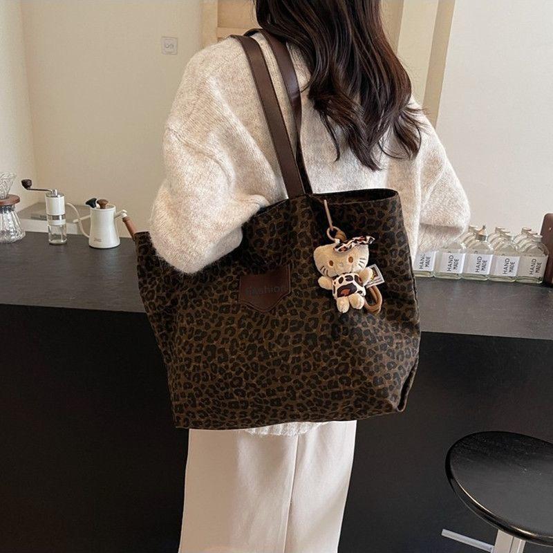 Leopard print canvas bag women's summer autumn new fashion college tote casual large capacity shoulder travel lazy