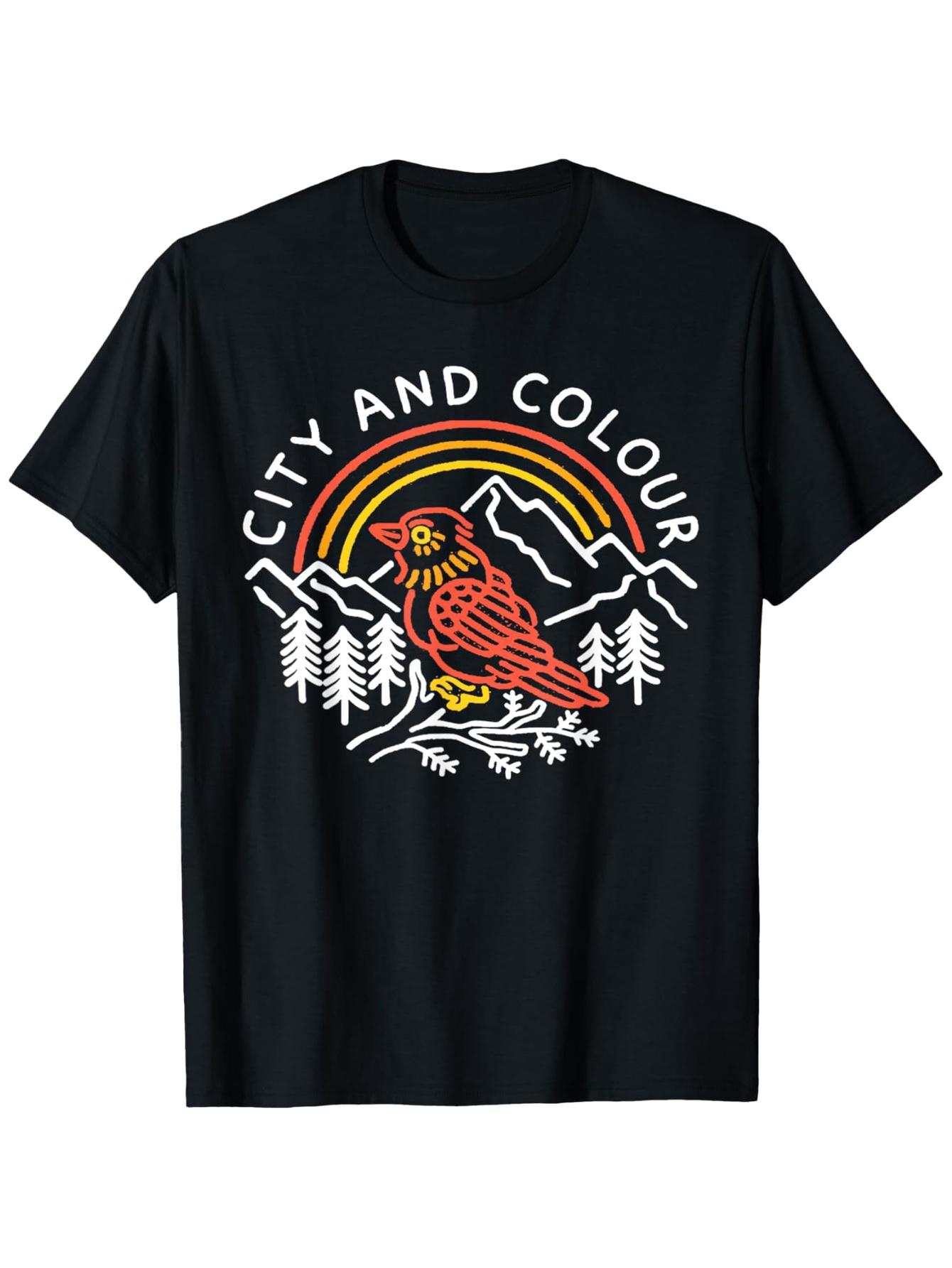 City and Colour Heritage Circle Graphic Band TShirt for Men  Black Short Sleeve Casual Tee with Vibrant Rainbow Mountain S