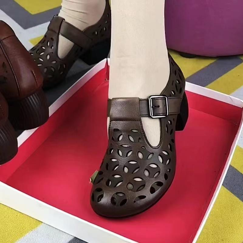 Ethnic style retro casual real soft leather single shoes women's year thick heel soft sole mother shoes hollow hole shoes