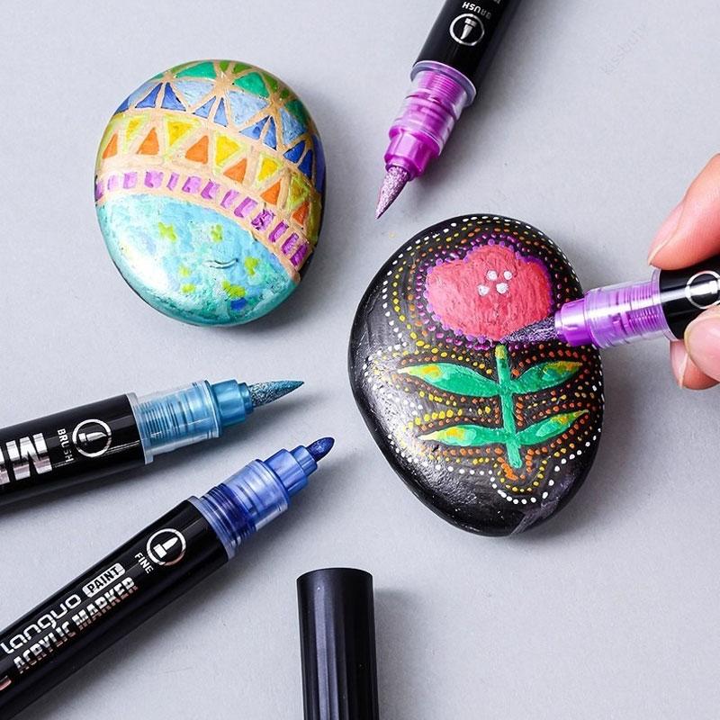 12/48 Metallic Colors Acrylic Paint Markers Dual Tip Pens for Rock Painting Wood Canvas Stone Glass Ceramic Art Supplies Languo