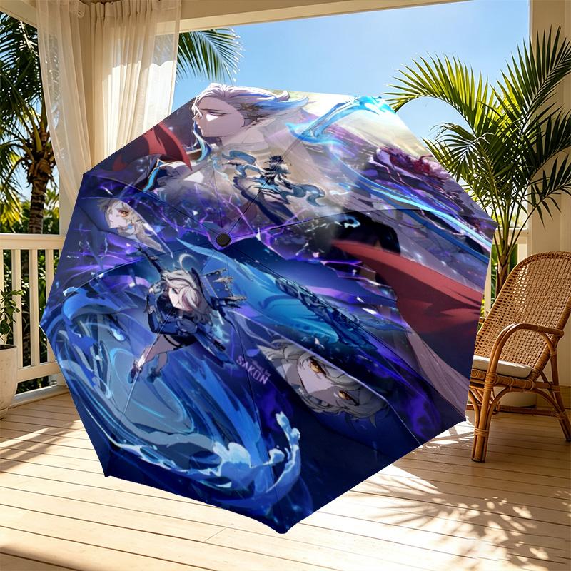 Genshin Impact Print Automatic Open Close Umbrella, Portable Foldable Umbrella, for Outdoor Commute Camping Trip, Ideal Birthday Gift
