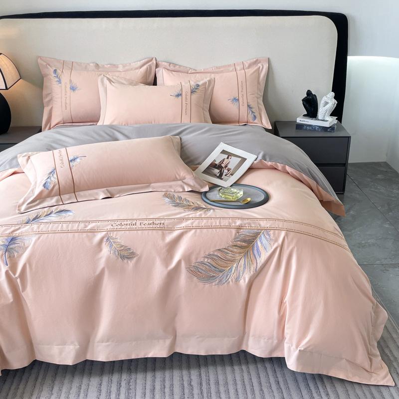 50 Cotton Polished Long-Staple Cotton Bed 4Pcs Set Feather Embroidery 100 Cotton Bed Sheet Quilt Cover