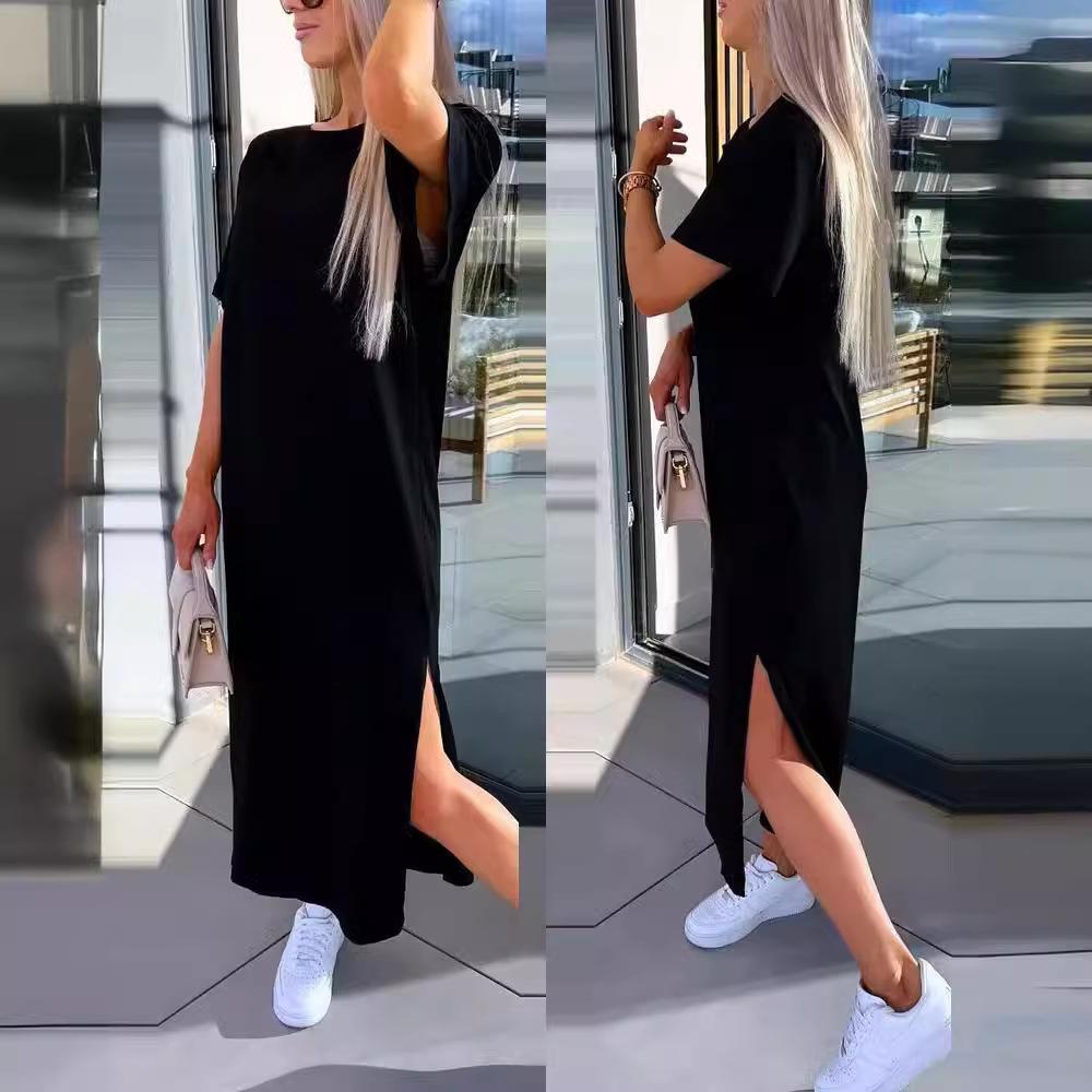 2024 Summer Women's Solid Color Short Sleeve Round Neck Slit Hem Dress
