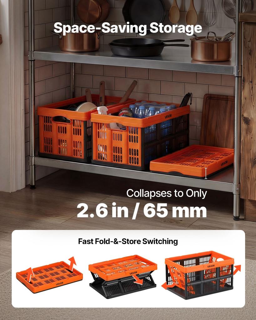 Plastic Collapsible Storage Bins, 45L 6 Packs, Stackable Folding Storage Crates with Handles, Holds 15 kg Per Bin, Foldable Heavy Duty Containers,