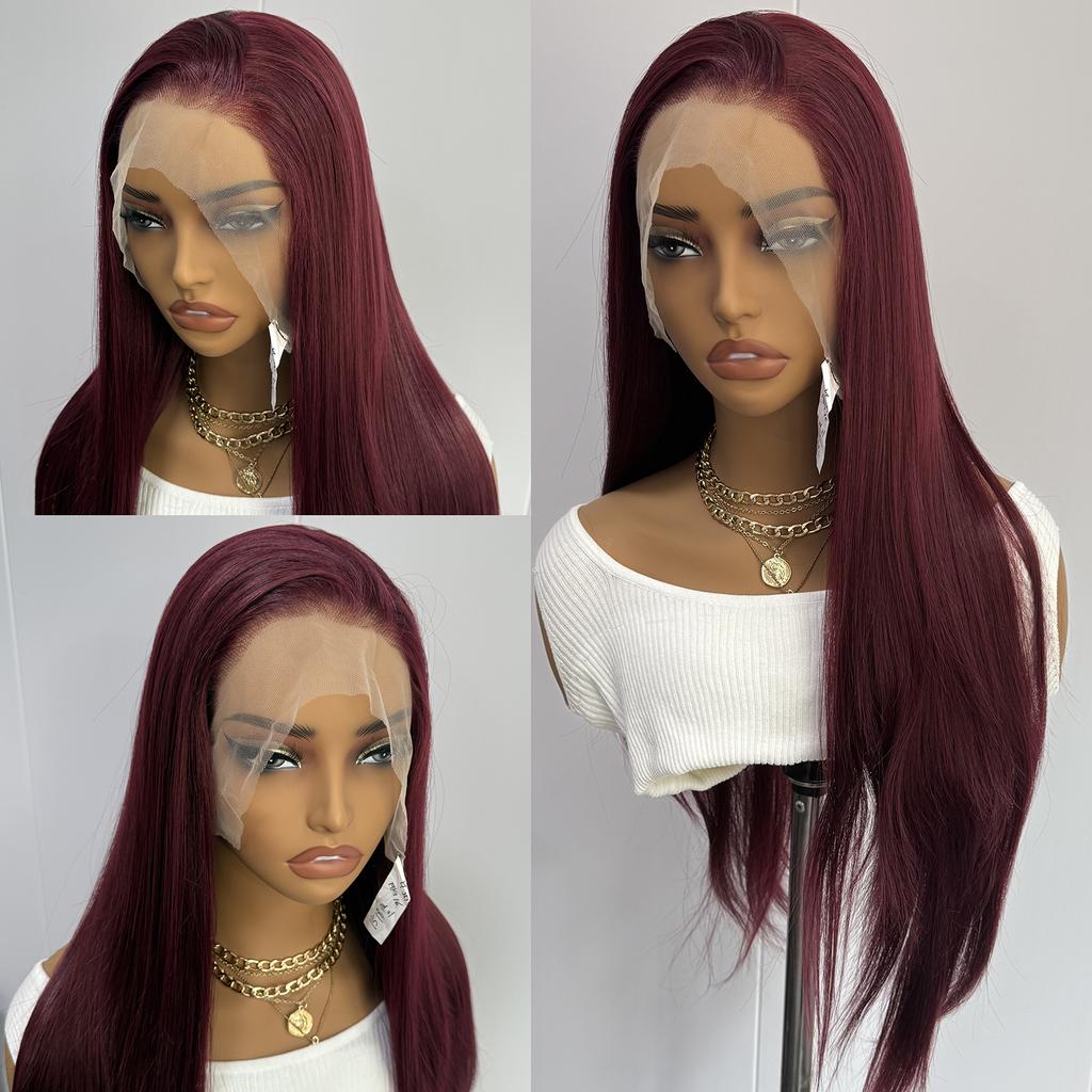 AIMEYA Burgundy Lace Front Wig Heat Resistant Synthetic Long Straight Wig for Black Women Natural Hairline Daily Used Cosplay