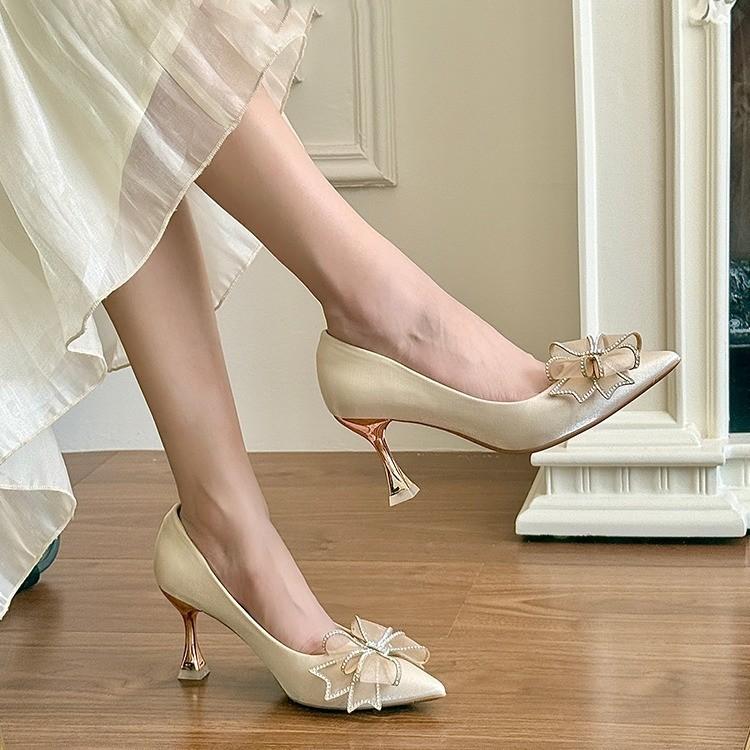 New rhinestone bow satin bag head sandals with high heels stiletto fairy style Roman shoes