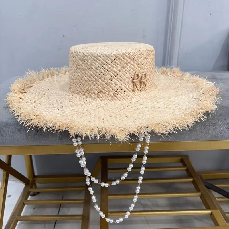 

French-Style Wide-Brimmed Raffia Sun Hat for Women Beach Vacation Casual Summer Letter Design Pearl Chain Flat Top Cap Gorras M 56-58cm природний