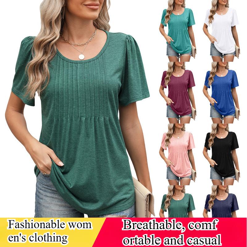 European and American Women's Spring and Summer Round Neck Drawstring Loose Short-sleeved T-shirt Tops