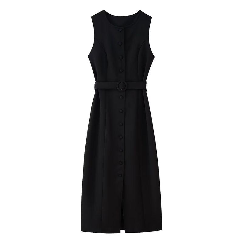 Kaslead New Women Clothes Western Style Fashion Simple Round Neck Single-Breasted Belt Decoration Dress