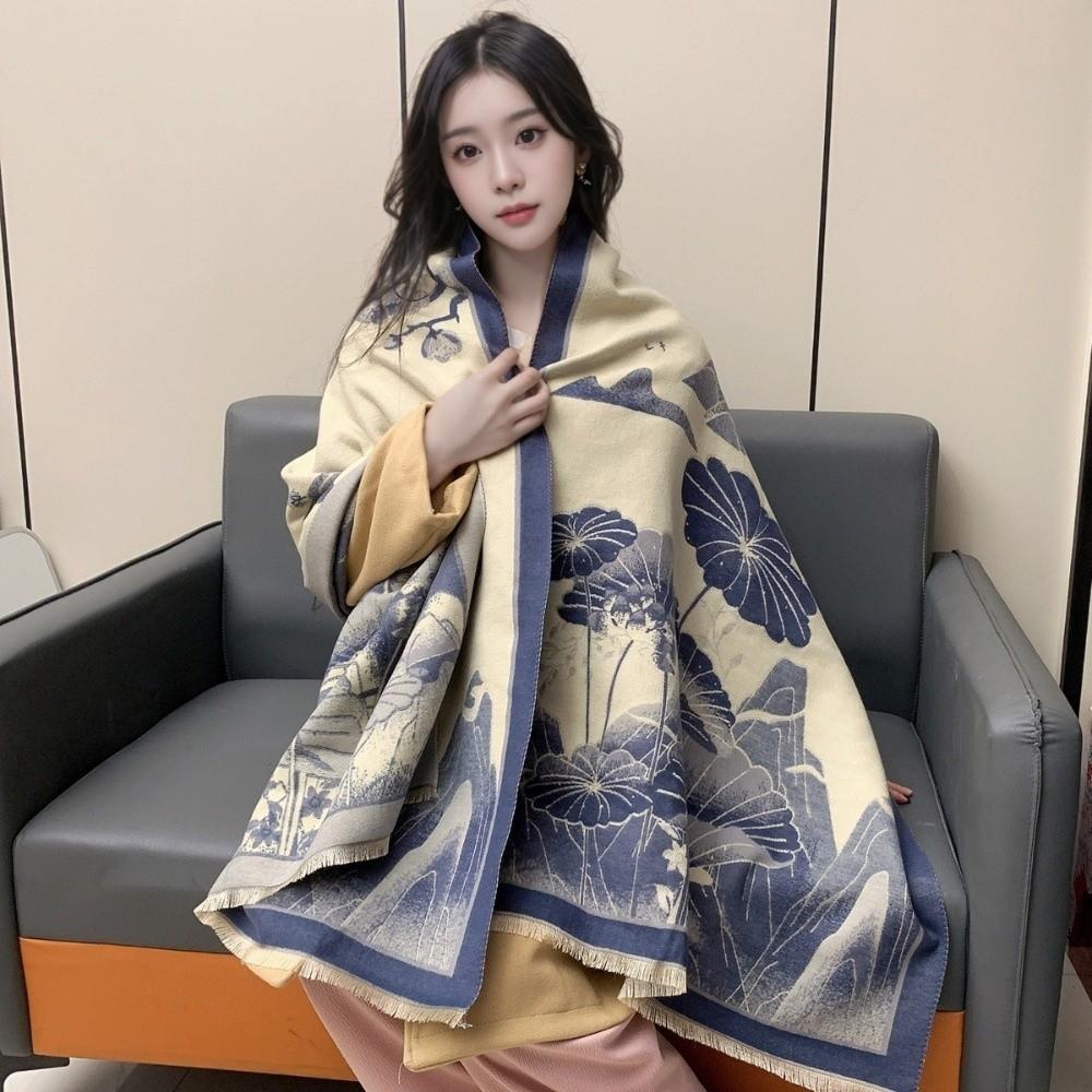 Chinese Style Imitation Cashmere Scarf Double-sided Ink Painting Theme Pashmina Blanket Thick Warm Poncho Scarves Winter Season