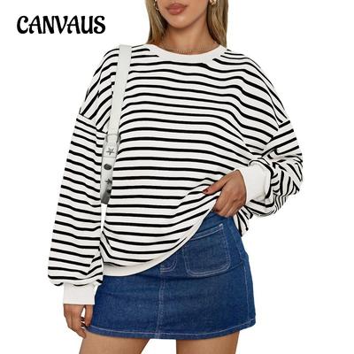 Spring Autumn Women's Plus Size Sweatshirt Striped Long Sleeve Round Neck Oversized Sweatshirt Y2K Sweatshirt
