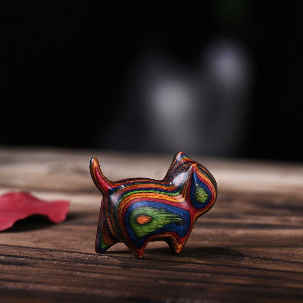 Hot Cute Colored Wooden Cat Ornaments Rainbow Wood Carving Rainbow Horse Ornaments Small Cat Model Ornaments Gift