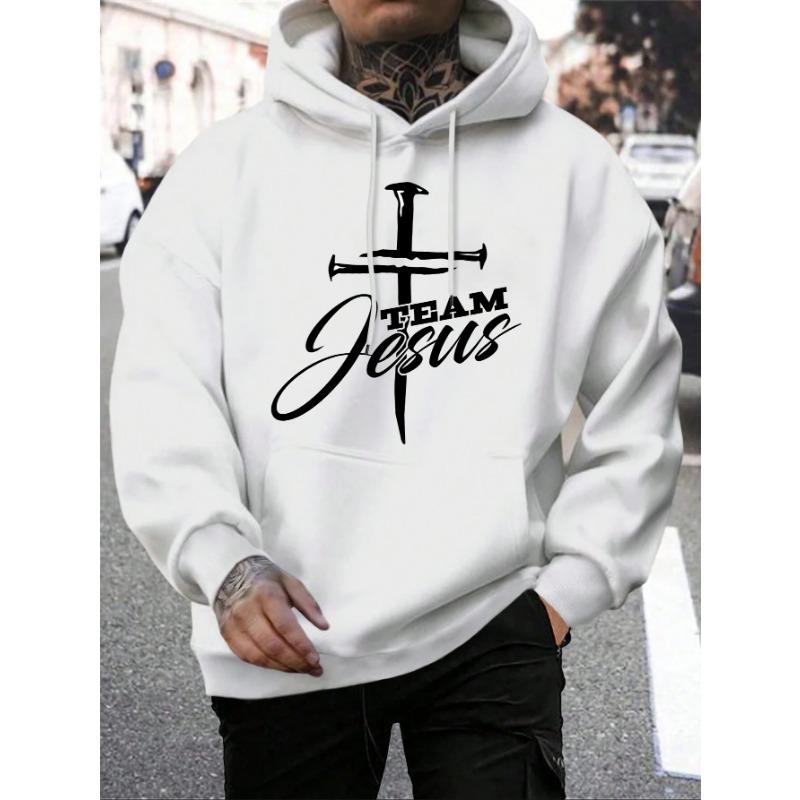 Team Jesus Letter Design Printing Men's Sweatshirt Fashion Warm Hooded Casual Pocket Hoodies Autumn Loose Streetwear