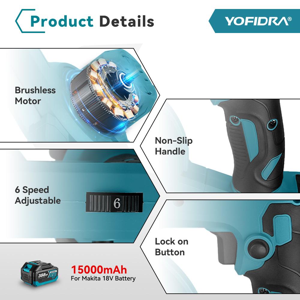 Yofidra Bürstenloser Hochleistungs-Elektro-Gebläse mit 6 Gängen, Garten- und Haushaltsstaubreinigungsgebläse, Elektrowerkzeuge für 18-V-Makita-Akkus