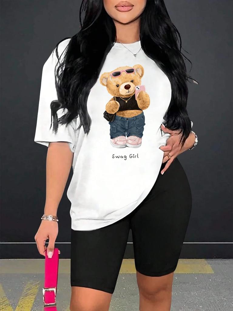 Cute Fashion Plush Bear Women's Shorts Soft Regular Short Sleeves Sweet Pretty Clothes Sports Comfortable Women Clothing Y2K Top