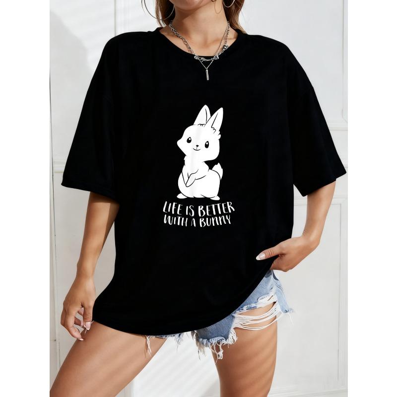 

White Oversized T Shirt With Bunny Print And Life Is Better With A Bunny Text For Casual Wear XXXXL чёрный