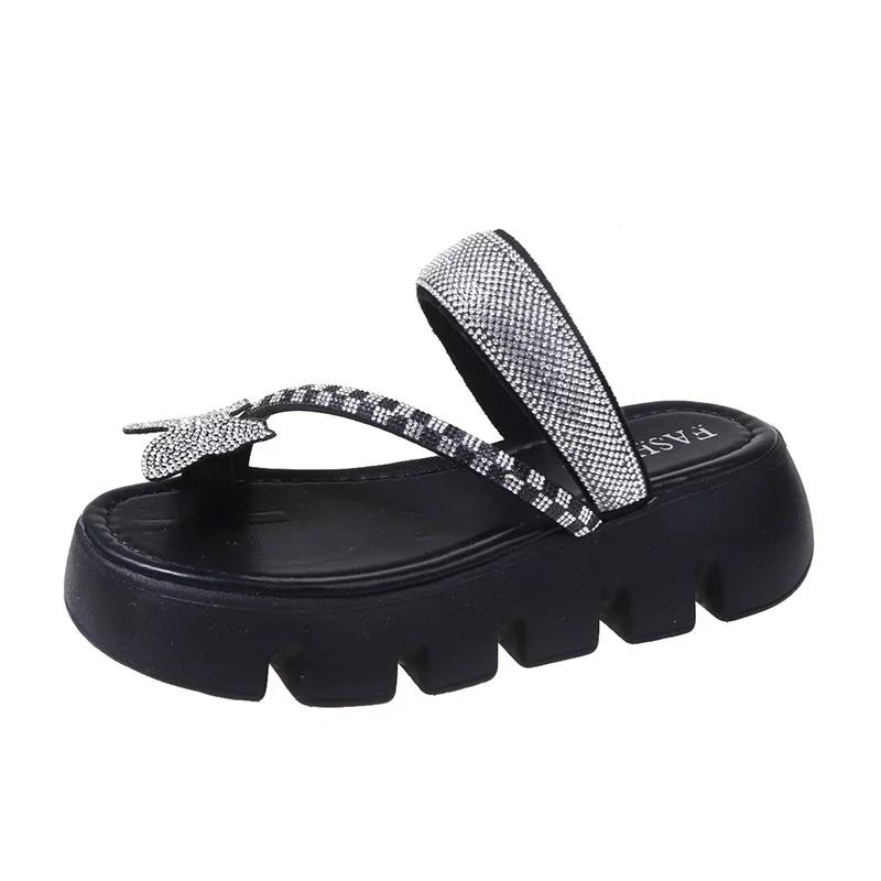 Fashion Women's Flat Slippers Toe Clip Bow Tie Rhinestones Anti-slip Slippers Shoes Leisure Beach Summer Fashion New Sandalias De Mujer