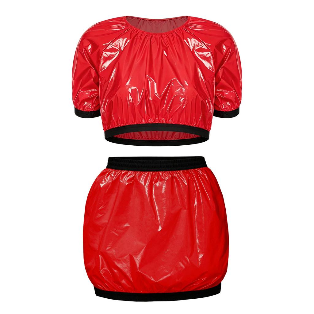 Women Waterproof Vinyl 2-Piece S-3XL Crop Top and PVC Mini Skirt Swimsuit Cover Up Adaptive Swimwear for Beach Pool