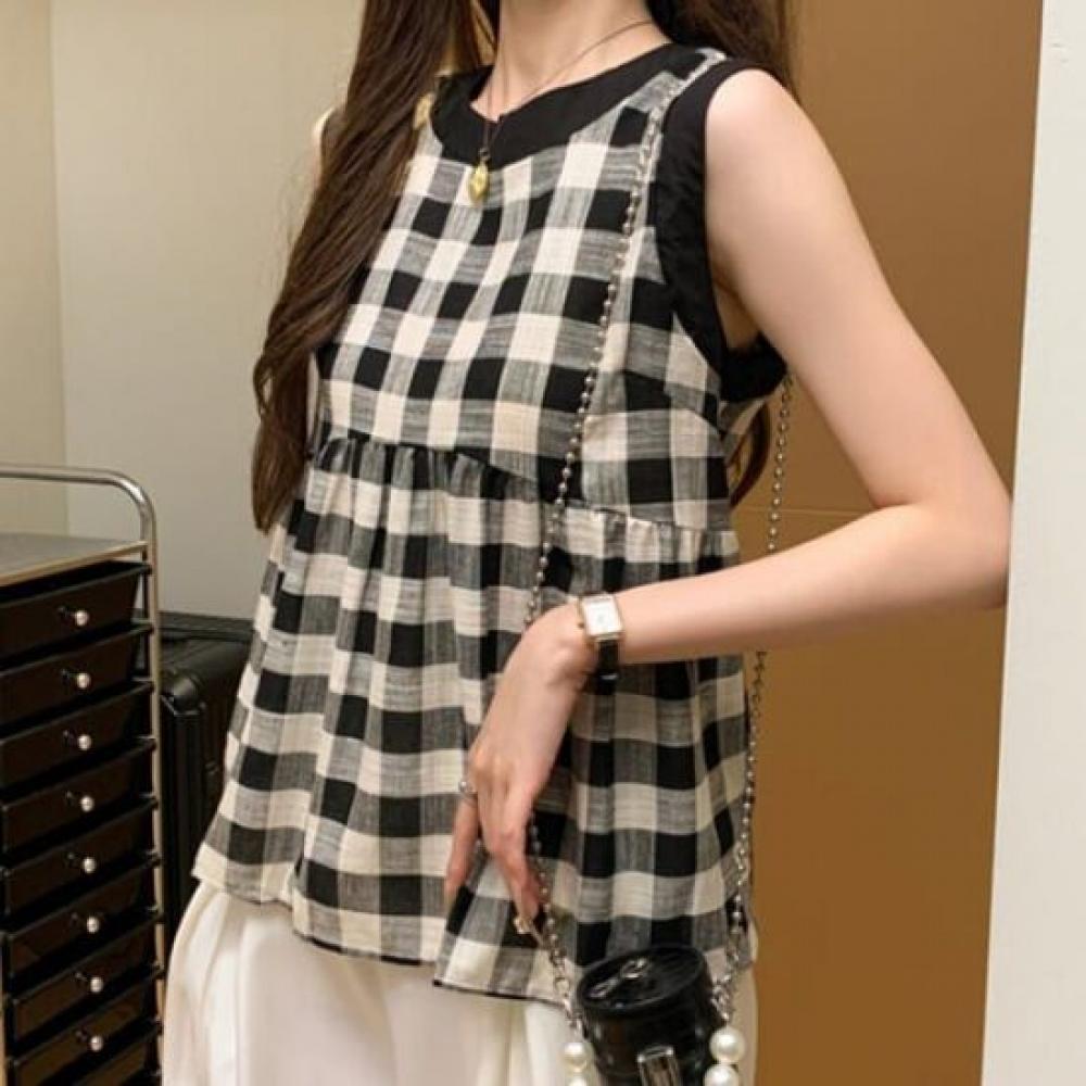 Navava Women Thin Check Pattern Sleeveless Blouse Nb2755