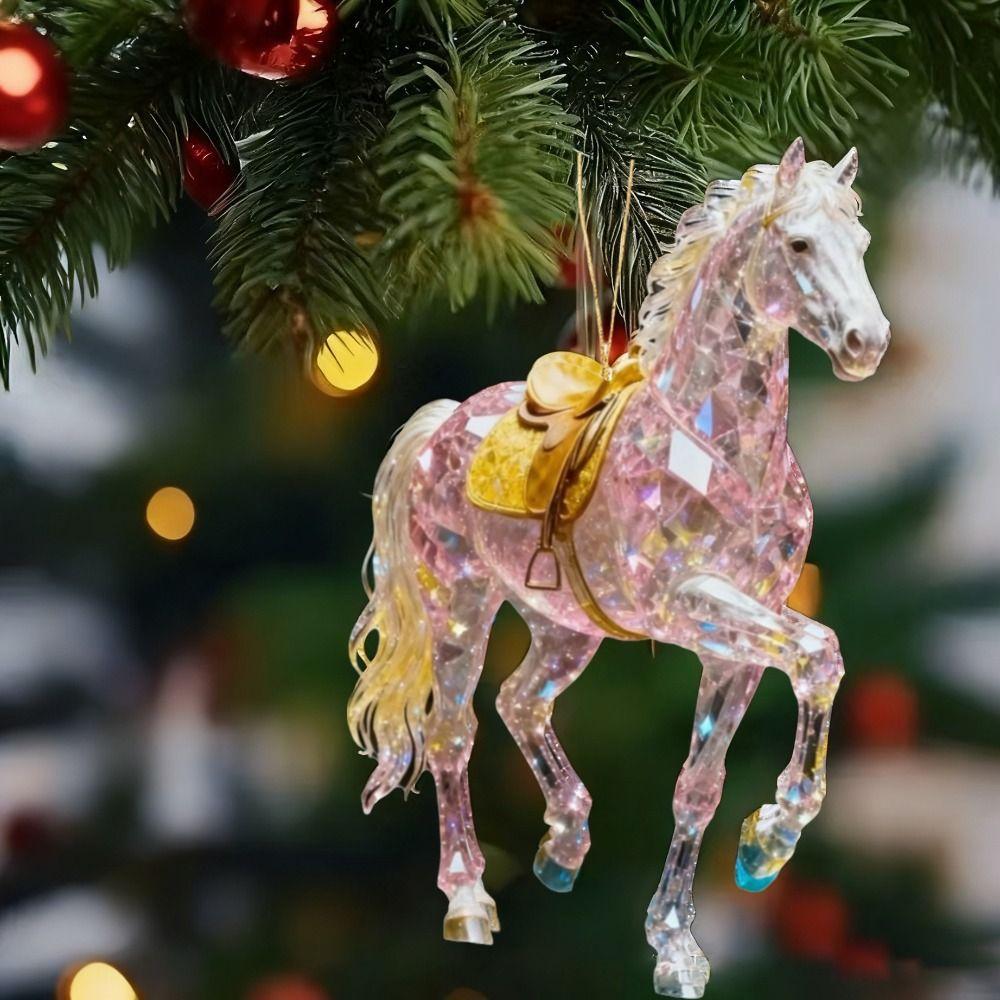 Weißes Pferd Weihnachts-Hängeanhänger Acryl-Taschenanhänger Charms Auto-Pferdeanhänger 2D Flaches Weihnachtsbaum-Ornament Navidad Dekor