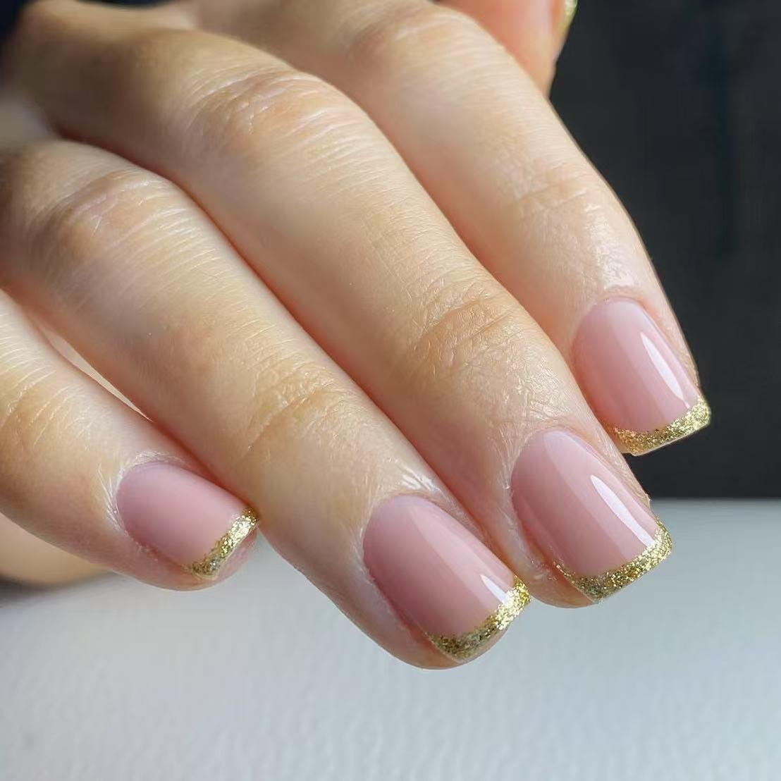Gold Glitter Edged Nude Simple Wearable False Nails - European and American Style