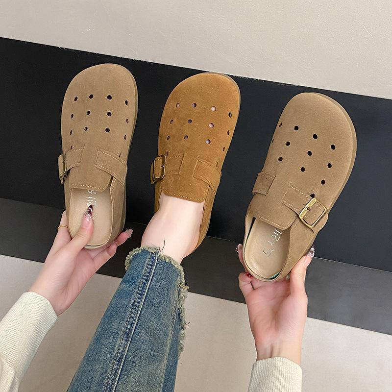 Baotou Dziurkowane Półkapcie Damskie Do Noszenia Na Zewnątrz Retro Ażurowe Oddychające Jednostopowe Sandały z Paskiem na Stopę Damskie Modne Kobiety Oddychające Buty