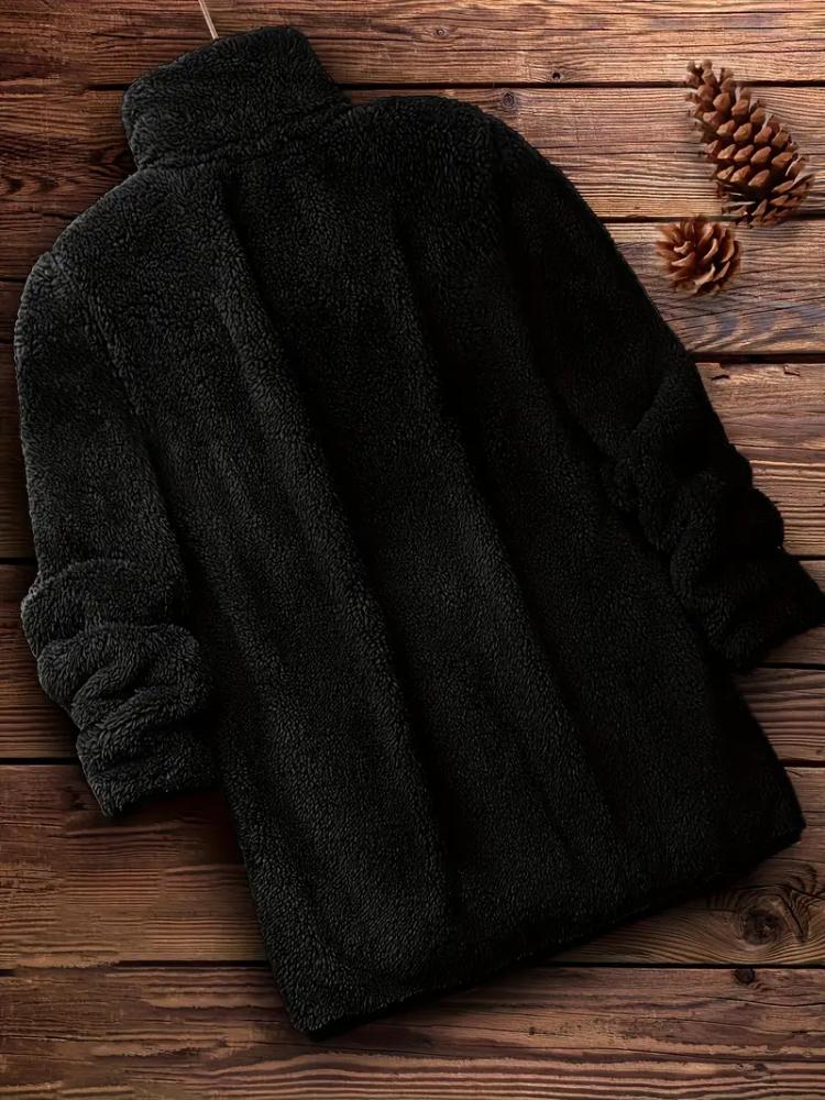 Zip Up Solid Teddy Coat, Casual Long Sleeve Winter Outerwear, Women's Clothing