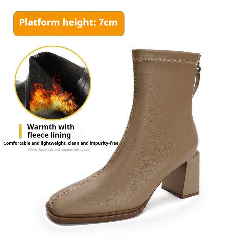 Γυναικείες Γαλλικές Μποτάκια Αστραγάλου με Ψηλό Τακούνι Μπότες Μόδας με Χοντρό Τακούνι Μαλακό Δέρμα Ανοιξιάτικες και Φθινοπωρινές Μονές Μπότες Μπότες με Τετράγωνη Μύτη