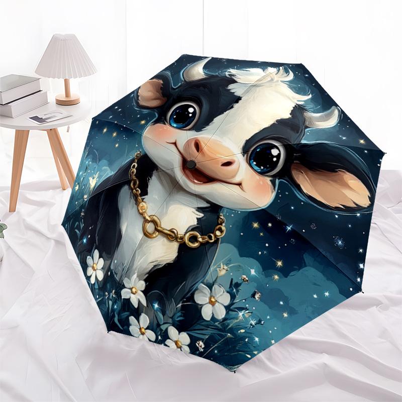 1 Stück Automatischer Faltregenschirm - Niedliches Kuhmuster, Tragbares & Faltbares Design mit 8 Speichen, Weihnachts-Geburtstagsgeschenke