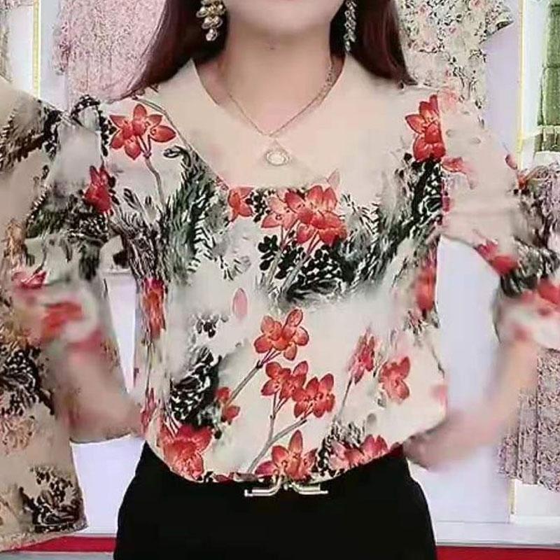 Casual Loose Floral Printed Chiffon Shirt Female Half Sleeve Chic Three-dimensional Decoration Stylish Peter Pan Collar Blouse