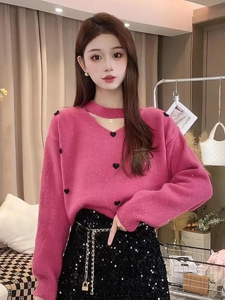 

Вязаный пуловер с длинным рукавом и французским воротником в стиле ретро-шик 2025 года для весны и осени M розовый