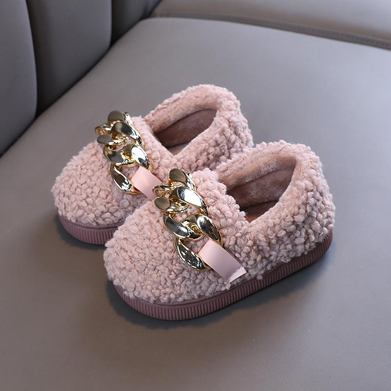 Toddlers Kids Cotton Shoes Children House Indoor Outdoor Winter Shoes Warm Cotton Fluffy Boys Girls Loafers Metal Chains Fashion 15