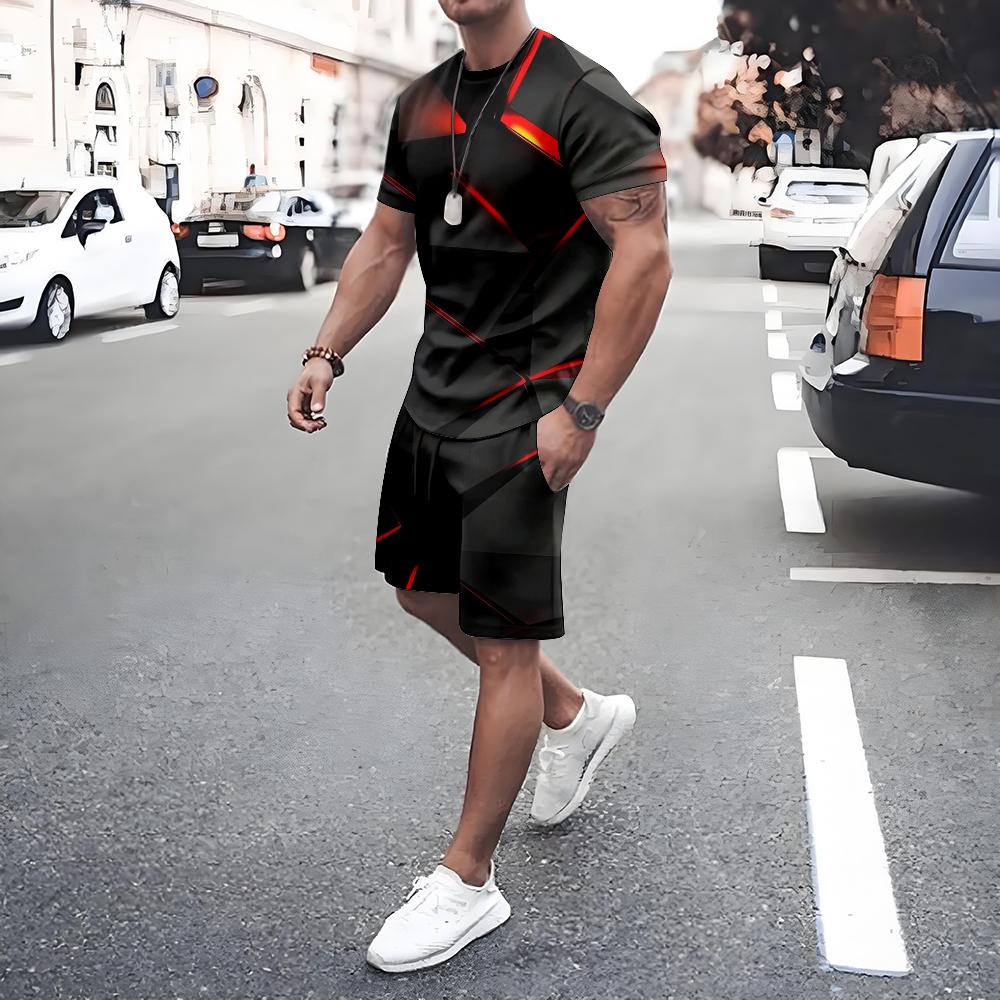 Plus Size Irregular Geometric T-shirt Shorts 2-piece Set Quick Drying Loose Men's Drawstring T Shirts Short Sleeve Tee Summer
