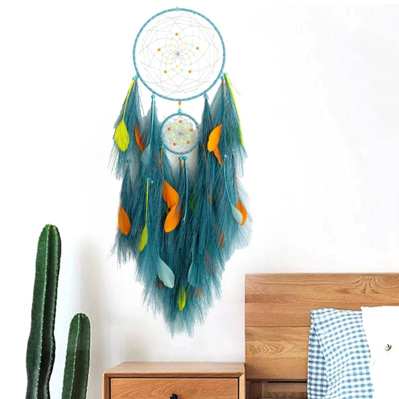 Handcrafts Feathered Dreamcatchers Ornament with Pampas Grass and Colorful Beads Hanging Decors for Home Wall Decoration