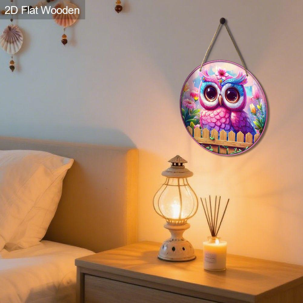 2D flat wooden hanging decorative signs, home wall or door decoration, garden decoration, the pattern is a purple owl, housewarming gift for friends